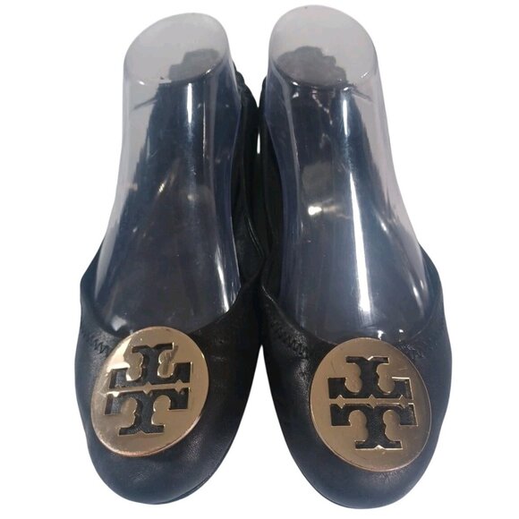 Tory Burch Women Sz 7.5 M Ballet Flats Minnie Travel Leather Black Big Gold Logo - Picture 4 of 8